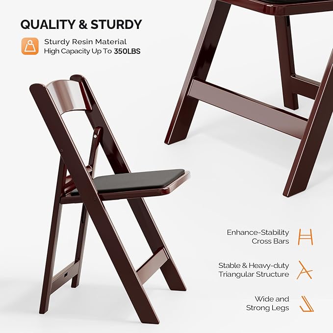 VINGLI Resin Folding Chairs with Cushion, Foldable Plastic Chair with Comfortable Padded Seats, Perfect for Event Party Indoor Outdoor, Reddish Brown, 8 PC