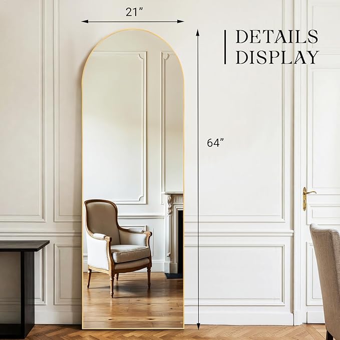 MISSDAY Arched Full Length Mirror, 64"x21" Full Body Mirror with Stand, Floor Mirror Long Free Standing, Leaning or Hanging, Aluminum Thin Frame Wall-Mounted Mirrors Wall Mirrors for Bedroom, Gold