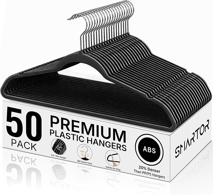 SMARTOR Plastic Hangers 50 Pack, Heavy Duty Plastic Hangers for Clothes - Non-Velvet Slim Hangers with 360° Swivel Hook & Clothes Thin Hanger - Durable Coat Hangars, Space Saving Hanger - Black