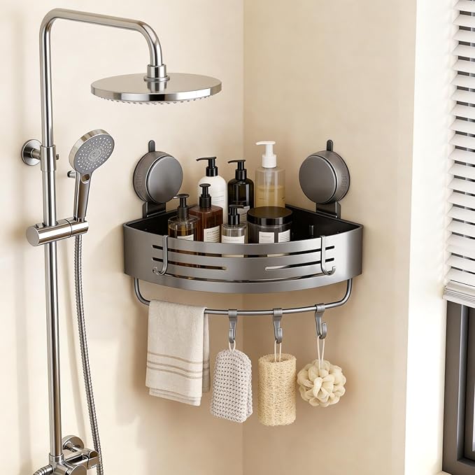 No-Drilling Corner Suction Cup Shower Caddy(1-Pack Gray),Rust-Proof and Durable Bathroom Organizer with Towel Bar & Hooks,Modern Large-Capacity Wall-Mounted Shower Shelf