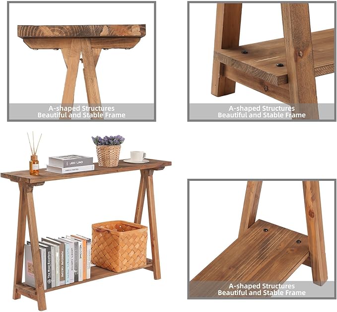 Farmhouse Console Tables for Living Room, 43.3" Solid Wood 2-Tier Sofa Table, Rustic Hallway Table for Entryway, Natural