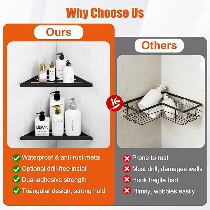 Fikoksol Shower Caddy, 2 Pack Bathroom Corner Shelf, Triangle Shelf Storage for Bathroom Shower, Black Metal Shower Shelf & Rustproof Wall Mounted Adheisve Glue Organizer Accessories and Essentials