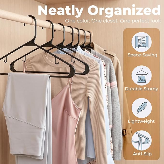HOUSE DAY Black Plastic Hangers 50 Pack, Plastic Clothes Hangers with Built-in Hooks, Durable and Strong Plastic Coat Hangers for Closet, Space Saving Clothing Hanger for Shirts, Coats, Skirt, Dress
