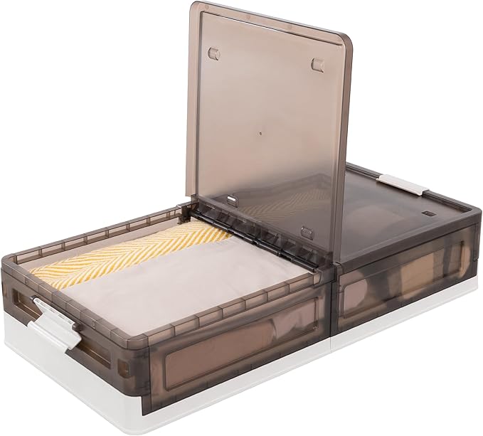 Plastic Under Bed Storage 58QT/14.5Gal Flat Underbed Storage Containers with Lid and 8 Rolling Wheels Folding Stackable Under Bed Organizer Boxes for Clothing Blanket Shoes Books,1 Pcs