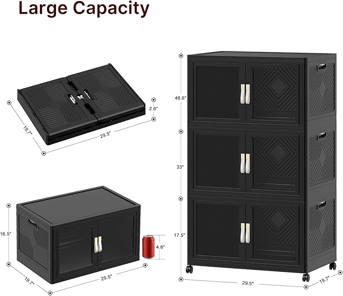 UAMFURI Stackable Storage Bins with Lids, Clear Doors, Large Storage Cabinet Foldable Collapsible Closet Organizers for Bedroom Dorm Office (3, Black, 160, Quarts)