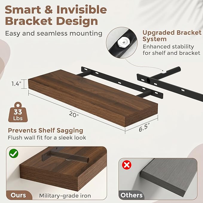 Venusmiles Floating Shelves for Wall, 20 Inch Floating Shelves Set of 2, 6.5" D Wooden Wall Mounted Display Shelves with Invisible Brackets for Living Room, Bedroom, Bathroom, Kitchen Decor, Walnut