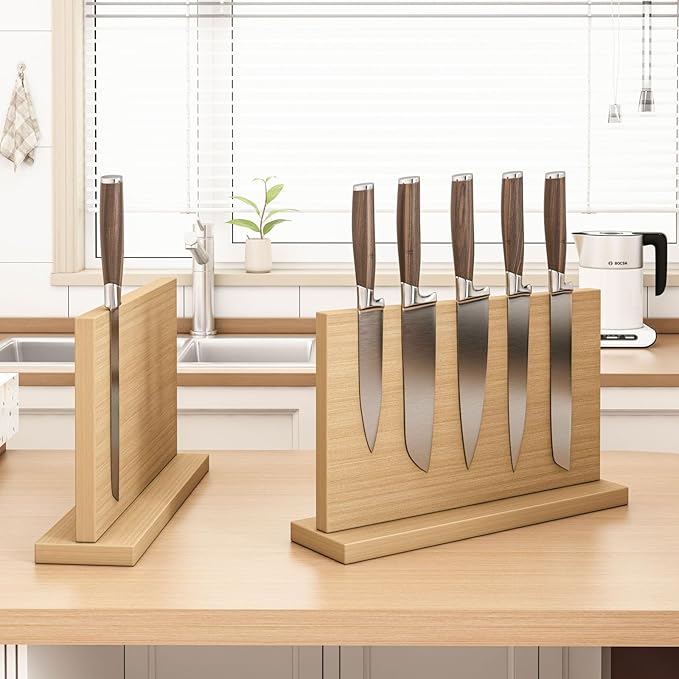 THMINS Magnetic Knife Block, 16 x 9 Inch Double-Sided Wooden Knife Holder for Kitchen Counter, Extra Large Magnetic Knife Stand and Storage Organizer