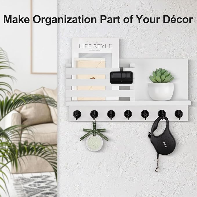 Lwenki Key Holder for Wall – Decorative Wooden Mail Holder and Key Shelf with Mounting Hardware, Installation Guide – Paulownia Wood with Metal Key Hooks (White, Extra Large - 15.6inch)