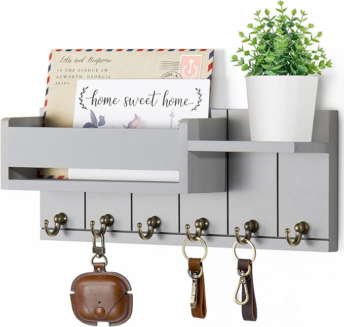 RelaxScene Key Holder Wall Mount - Key Hooks for Wall Decor Living Room - Wooden Key Hanger Rack and Mail Organizer with Shelf for Home Essentials - Modern Entryway House Decor Aesthetic