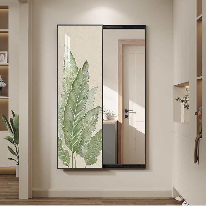 Framed Sliding Wall Mounted Full Length Mirror, Large Vertical Modern Minimalist Green Botanical Print Mirrors Artwork for Walls, Full Body Mirror for Living Room, Bedroom, Hallway, Entryway, 16X52 In