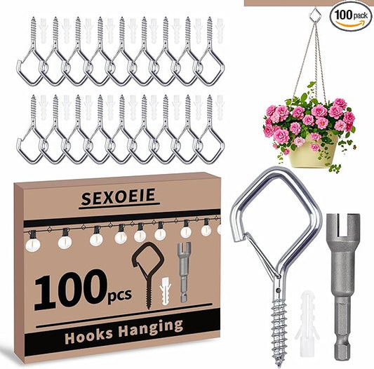 100 PCS Silver Eye Screw Hooks for Hanging Heavy Duty with Safety Buckle.Metal Ceiling Hooks for Hanging Plants Cup Wind Chime Bird Feeders Patio Lights At Indoor&Outdoor