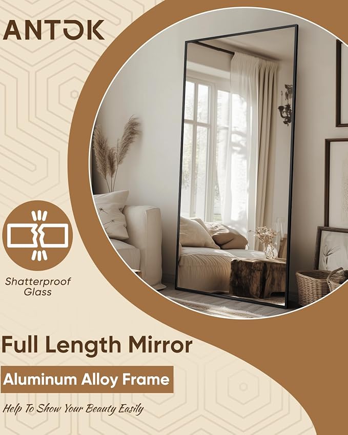 Antok Full Length Mirror, 58"x20" Floor Mirror, Floor Standing Freestanding Full Body Mirror with Stand for Bedroom, Hanging Mounted for Living Room Cloakroom, Black
