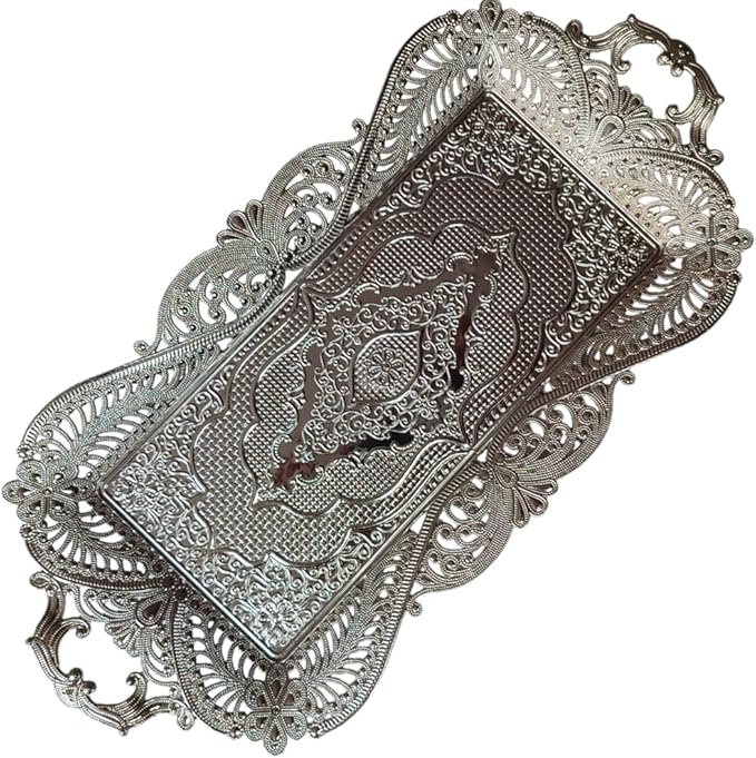 Small Silver Turkish Metal Coffee Tea Serving Tray Table Home Decor Decorative Handles - Fancy Vintage Brass Mini Rustic Retro Wedding Antique Style Traditional Counter Kitchen Tray