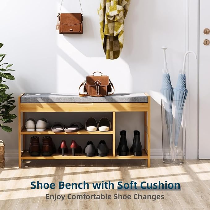 HIFIT 2-Tier Entryway Shoe Rack Bench with Storage, 36 in Bamboo Storage Bench with Padded Seat, Shoe Oiganizer Shelf for Entryway Mudroom Bathroom Hallway, Natural