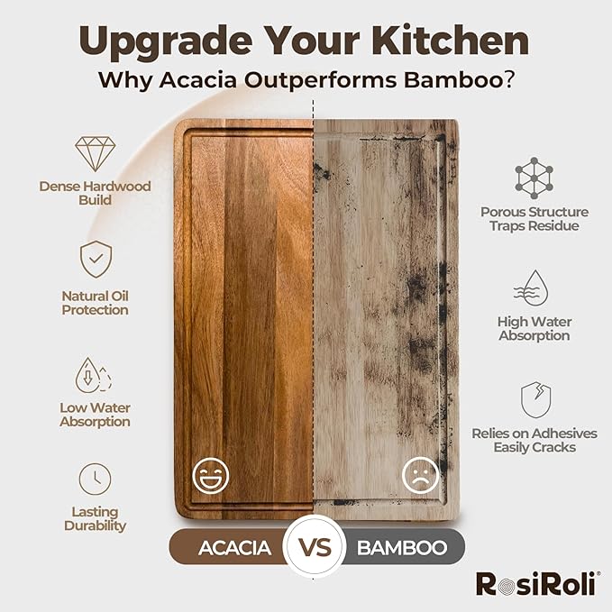 Acacia Wood Cutting Board for Kitchen - 17"x12" Large Chopping Board with Juice Grooves & Handles, 0.7" Thick Butcher Block for Meat and Veggies, Gift for Mom & Women