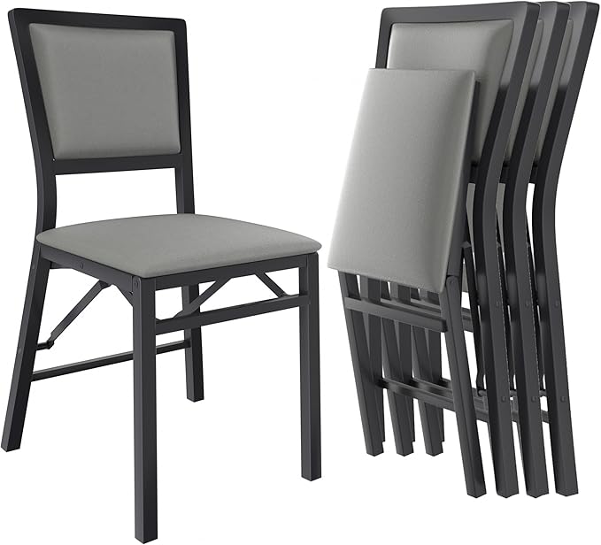 VECELO Folding Chairs Set of 4 with Cushion, Foldable Padded Seats with Heavy Duty Metal Frame for Kitchen/Dining/Living Room, No Assembly & Space Saving Design, Grey