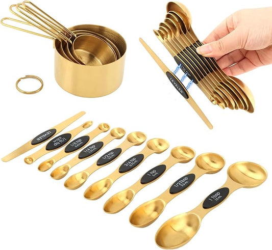 13pcs Gold Stainless Steel Measuring Cups and Spoons Set, 8 Double-Sided Magnetic Measuring Spoons & 4 Metal Measure Cups & 1 Leveler for Liquid Dry Ingredients Cooking Baking(COLOR:Gold)
