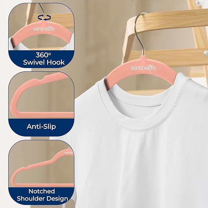 SereneLife 50 Pieces Velvet Hangers - Space Saving Heavy Duty Slim Suit Clothes Hanger Set with 360 Degree Swivel Metal Hook, Can Hold Up to 10 Lbs. for Coats, Jackets, Pants & Dress (Pink)