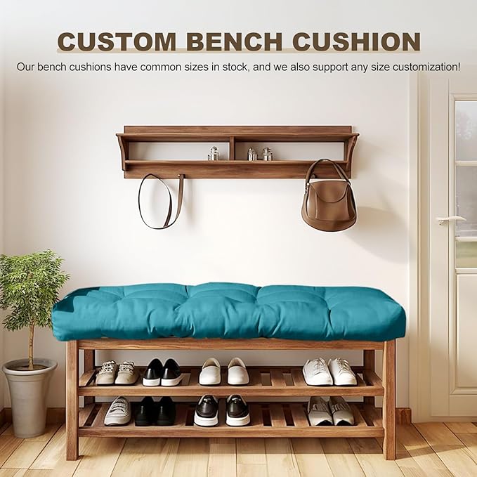 Bench Cushion 42 inches,Indoor/Outdoor Non-Slip Tufted Cushions, Premium Waterproof Linen, Soft Piano Sofa Cushions, Entryway Storage, Bay Window, High-Density Memory Foam(Dark Blue-42x16x4in)
