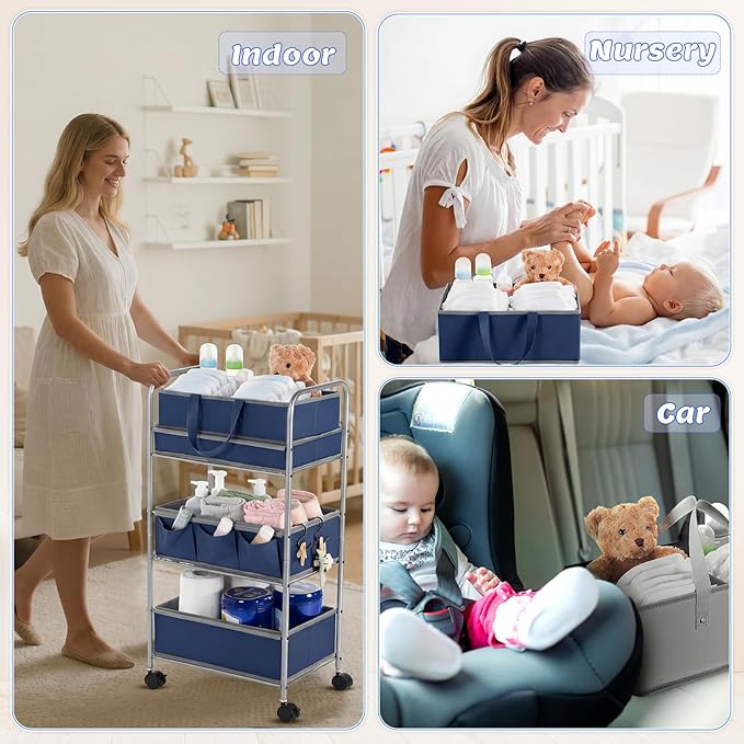 Honeydak 2in1 Baby Diaper Caddy Organizer Cart 3 Tier Large Capacity Metal Utility Bedside Rolling Cart with Divider Newborn Registry Nursery Essential Must Have Crib Bedroom Baby Shower(Gray, Blue)