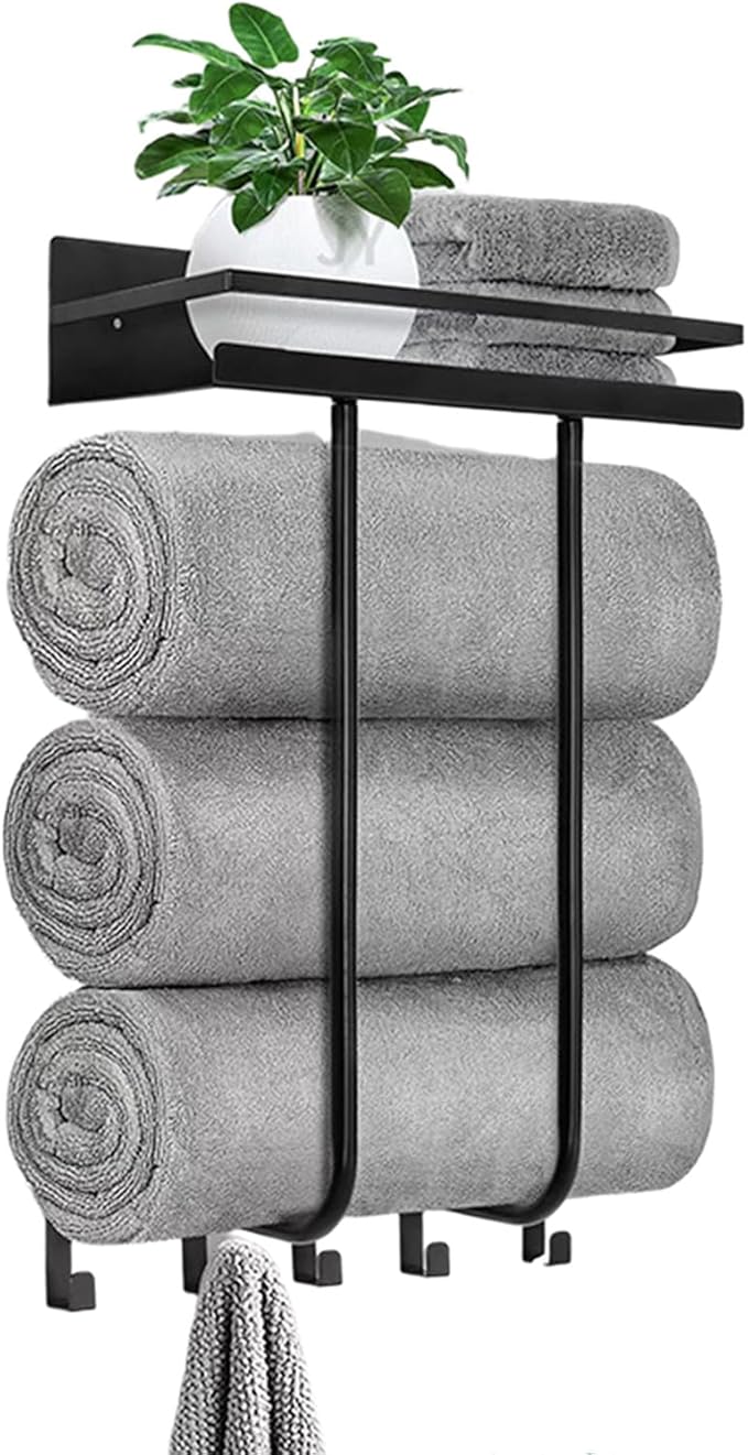 Bathroom Towel Storage Rack, Wall Mounted Towel Rack with Shelf and 5 Hooks, Can Holds 3 Large Towels Stainless Steel Bathroom Towel Holder for Rolled Towels, Bath Towels.(Black)