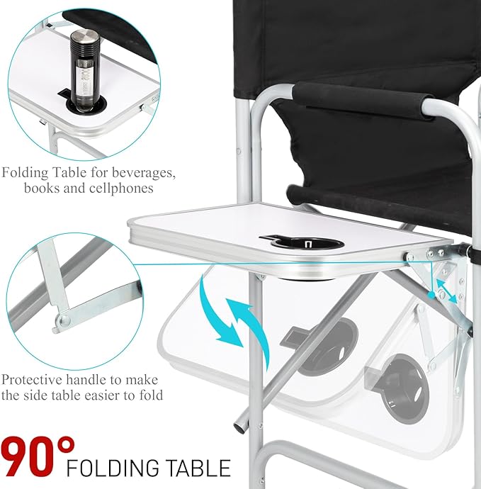 Outvita 2 Piece 26" Tall Directors Chair Height Seat Folding with Side Table Storage Pocket, Support for 300Lbs Portable Makeup Artist Chair with Bar Height(Black)