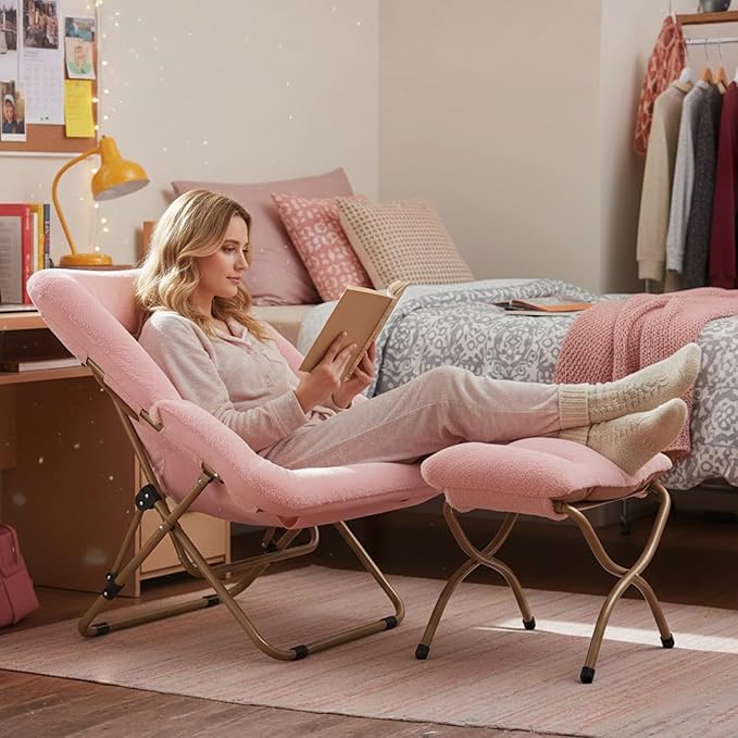 Tiita Folded Chair with Ottoman, Soft Faux Fur Oversized Folding Accent Chair,Lazy Chair, Metal Frame Moon Chair for Bedroom, Living Room, Dorm Rooms, Garden and Courtyard