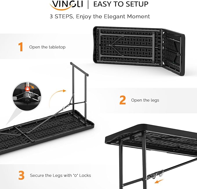 VINGLI 6 FT Narrow Folding Table, Tabletop Folded in Half, Premium Quality HDPE Material and Sturdy Metal Frame, Perfect for Buffet, Seminar, Party, Training, Home Work, Black