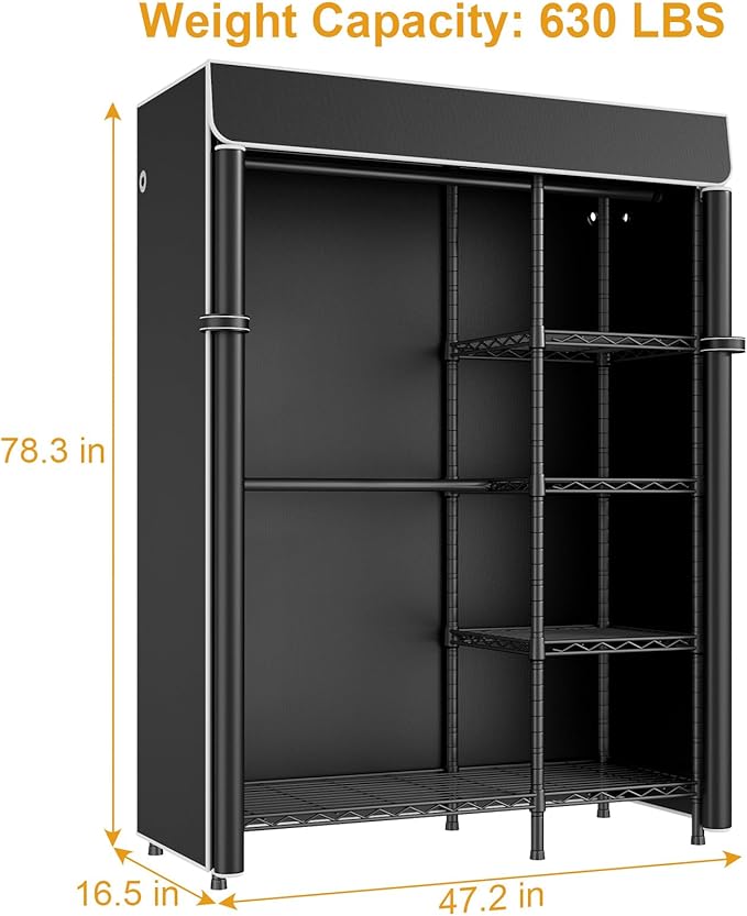 ULIFHOME F2C Clothes Rack with Cover, Clothing Racks for Hanging Clothes, Heavy Duty Garment Rack with Shelves and Hanger Rods, Black Closet with Black Cover, 47.2" W x 16.5" D x 78.3" H, Load 630lbs