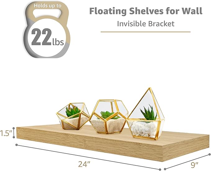 Sorbus Floating Shelves for Wall - 24" Bathroom Shelves, Wall Decor for Bedroom, Kitchen, Living Room, Home Decor & Book Storage - Mounted Floating Shelf with Invisible Brackets (Maple Wood, 2 Pack)