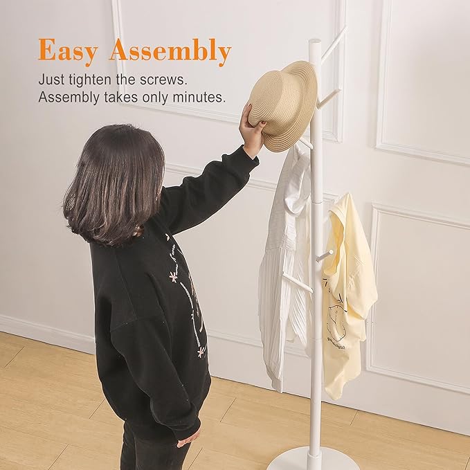 VECELO Coat Rack Freestanding, Entryway Hanger Stand, Umbrella Holder, Hall Tree With Hooks, Floor Standing Metal Tree Stand,White