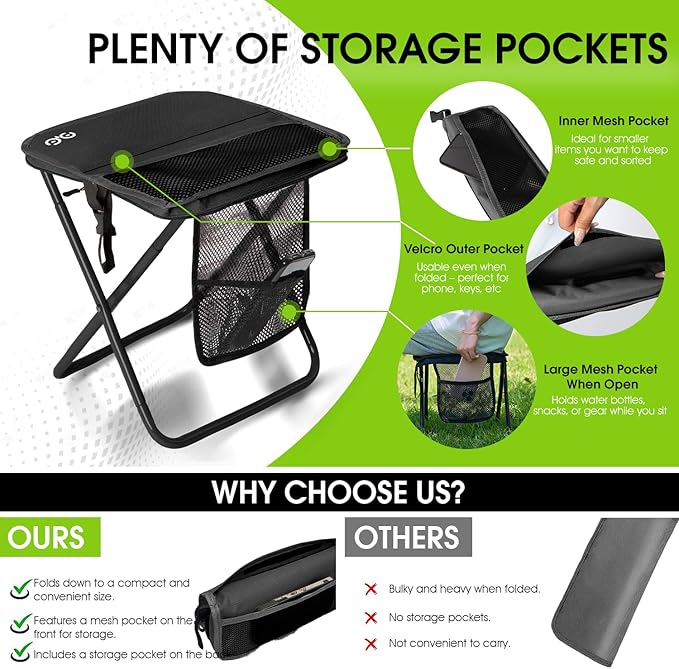 CAMDOOR Portable Collapsible Stool, 16″Folding Stool with 3 Side Pockets and Shoulder Strap, Extra Large Camping Chair Supports 400 lbs, Ultralight Portable Seat for Outdoor, Hiking, Fishing