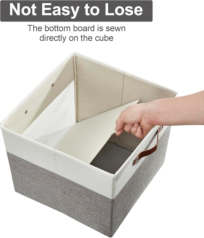 Bagnizer Storage Cubes, 4 Pack Linen Foldable Storage Bins with Clear Window and 2 Handles, 13x15x13 Storage Cube Bins for Shelf Closet, Kallax, Clothes, Books - (Gray / Off-White)