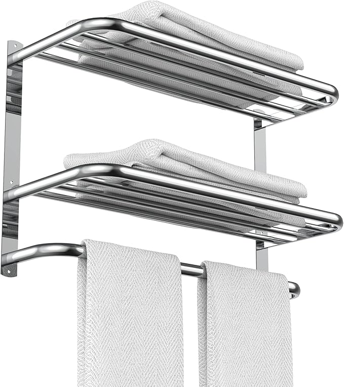 CAXIMSY 22.8Inch Towel Rack for Bathroom and Lavatory Towel Hanger with Wall Mount Towel Bars 304 Stainless Steel No Drill Tower Holder Shelf (Triple-Layered Towel Rack)