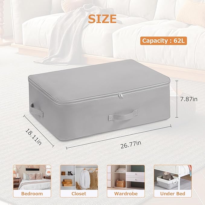 Surblue Clothing Storage Bags Clothes Organizer with Reinforced Handle Foldable Under Bed Storage Bags for Blankets Comforters Quilt Bedding Pillow, 3Pcs,Gery