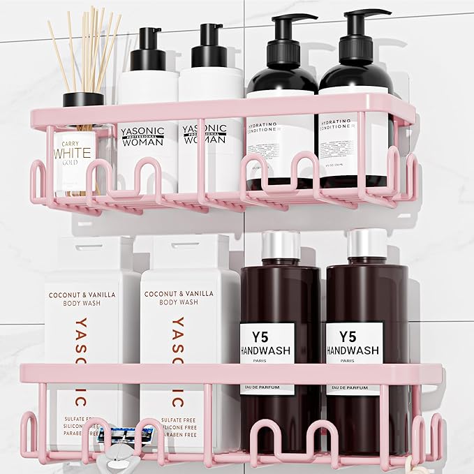 YASONIC Shower Caddy Adhesive 2-Pack, Rustproof Shower Organizer with Holder, No-Drill Shower Shelves for Inside the Shower, Large-Capacity Bathroom Organizers and Storage for Dorms & Renters, Pink