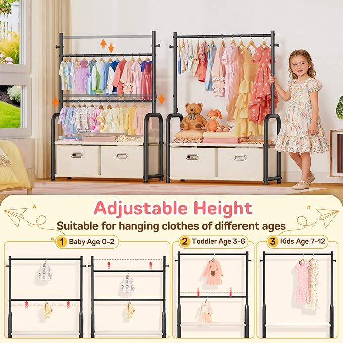Kids Clothes Rack with 2 Tier Storage Racks and 2 Adjustable Hanging Poles, Small Baby Closet Organizer for Hanging Clothes, Kids Dress Up Rack (Upgrad, Black)
