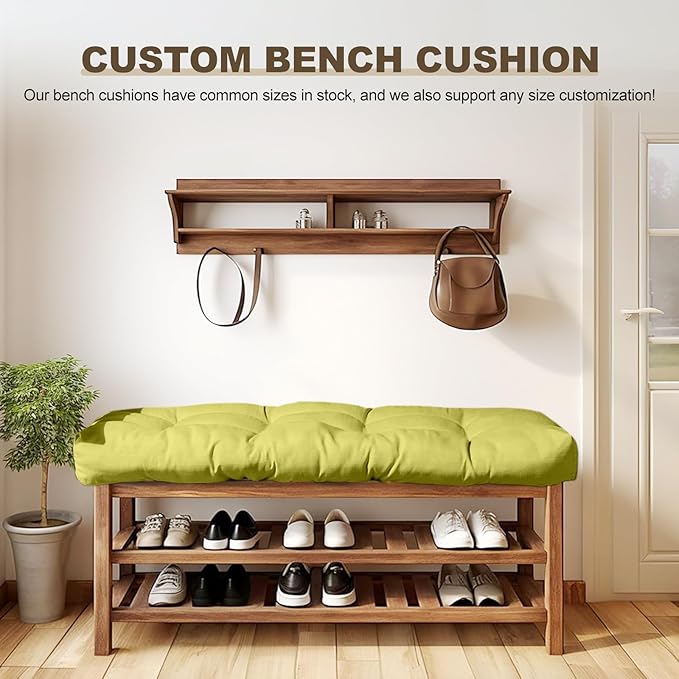 Bench Cushion 54 inches,Indoor/Outdoor Non-Slip Tufted Cushions, Premium Waterproof Linen, Soft Piano Sofa Cushions, High-Density Memory Foam(Green-54x16x4in)