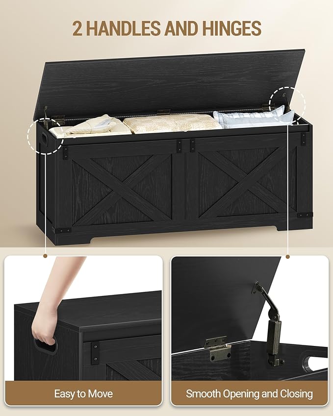 Hzuaneri 47.2" Storage Chest, Large Storage Trunk with 2 Hinges, Farmhouse Wooden Box Bench, Lift-Top Organizer Chest, Entryway Trunk for Bedroom, Living Room, Black SB12104X