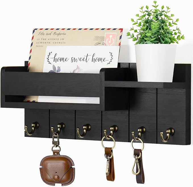 RelaxScene Key Holder Wall Mount - Decorative Key Rack and Mail Organizer with 6 Key Hooks - Wooden Key Hanger with Shelf for Living Room Decor - Rustic Farmhouse Home Entryway Aesthetic Essentials