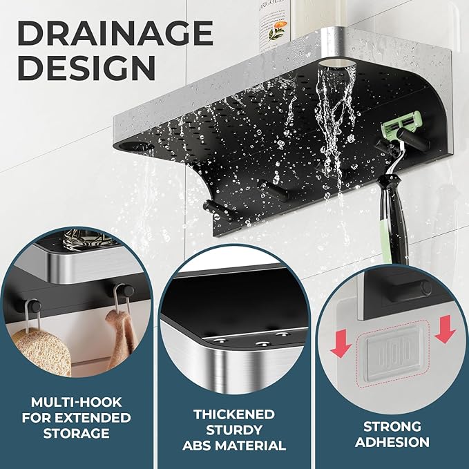 Shower Caddy Adhesive, Shower Shelve for Inside Shower, Bathroom Organizers and Storage for Accessories Holder, Rustproof Bathroom Wall Shower Rack Organize with 5 Hooks, No-drill, Silver