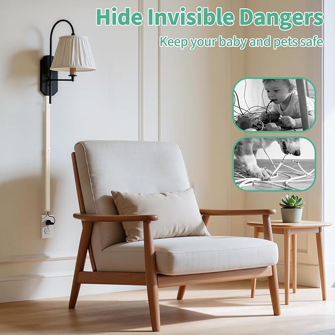 Delamu Cord Hider, 100in Self-Adhesive Cord Cover Kit for Wall Mounted TV, Paintable Wire Hider, Flexible Cable Management System, Cable Raceway Conceals 2-3 Wires, W0.95 H0.55in, Beige