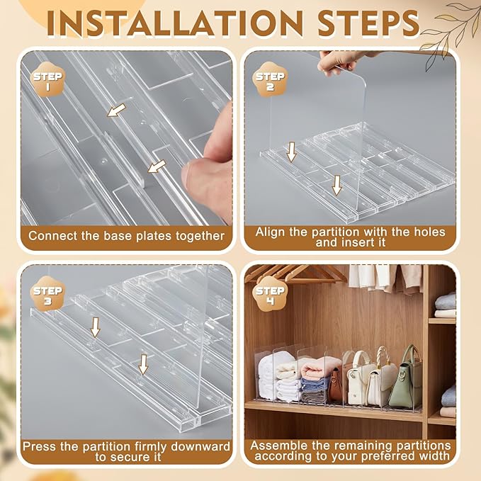 LEIFIDE Interlocking Towel Organizer Set Adjustable Clear Towel Storage Shelf for Bathroom, Plastic Dividers Storage Holder Organizer for Home, Bathroom, Cabinet, Closet, Space Saving
