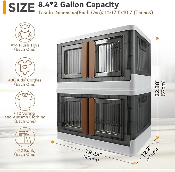 Storage Bin, Plastic Cabinet, 8.4 Gallon (32L) Capacity (Each One), 2 Pack, Collapsible Box with Lids, Foldable Drawer, Transparent, Organizers for Home and Office