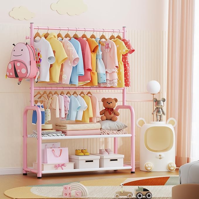 Kids Clothing Rack with 2-Layer Storage Shelf and 2 Adjustable Hanging Rods, Dress Up Rack for Hanging Clothes,Dress up Storage for Baby Toddle Kids(Classic, Pink)