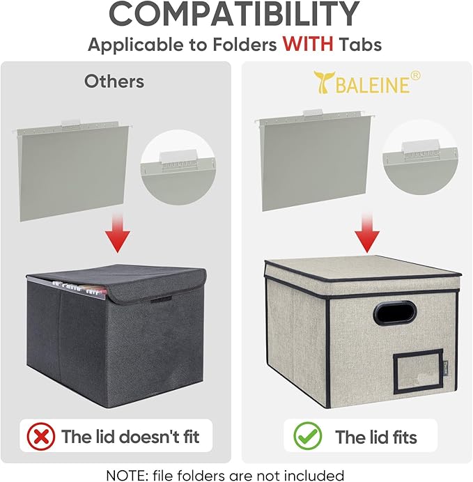 BALEINE File Organizer Box with Lid, Collapsible File Folder Organizer with Plastic Slide, Hanging File Folder Box for Office Document Storage (Tab Friendly, 1 Pack, Beige)