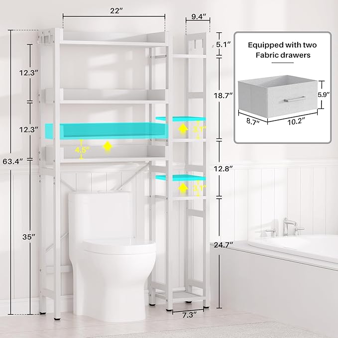Besiost Over The Toilet Storage, 7 Tier Bathroom Organizer with Reversible Side Shelf and 2 Fabric Drawers, Adjustable Freestanding Rack Space Saver for Small Spaces, White