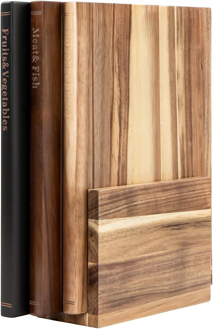 Book Cutting Board Set with Stand，Wooden Cutting Boards That Look Like Books for Serving & Display，Acacia Wood for Meat, Vegetables, Cheese & Bread，3-Piece Set