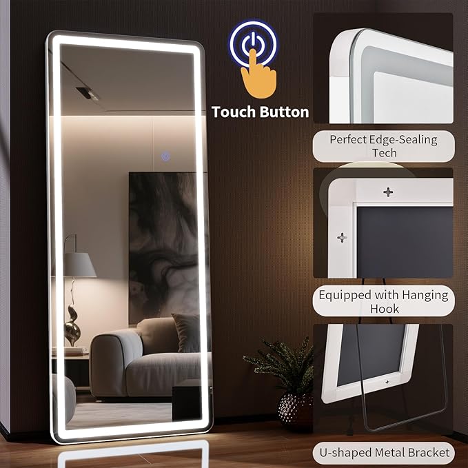 64"x21" LED Full Length Mirror – Standing Floor Mirror with Dimmable Lights 3 Color Modes – Adjustable Brightness, Wall-Mount or Lean for Barber, Fitness Center, Dressing Room, Vanity