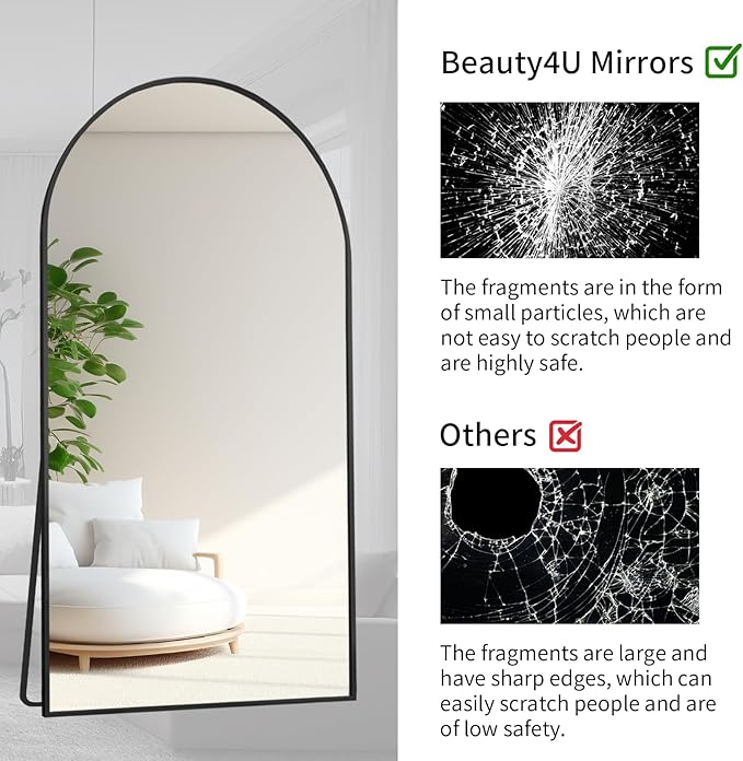 Beauty4U Arched Full Length Mirror 76" x 34", Black Large Full Body Mirror with Stand, Floor Standing & Wall Mounted HD Tempered Glass Dressing Mirror for Bedroom, Living Room, Entryway